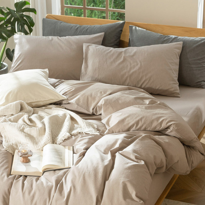 MooMee Lightweight Duvet Cover Set with Zipper Closure 8 Ties 100% Washed Cotton Linen Like Textured Soft Breathable All-Season