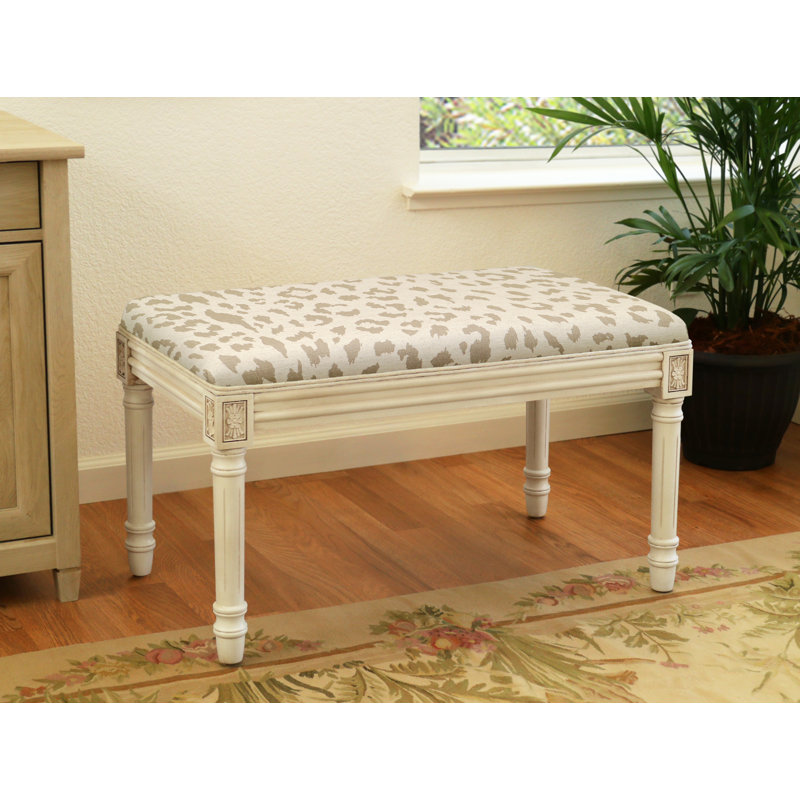 Banc en bois massif Cambel, Motif de guépard blanc antique / taupe