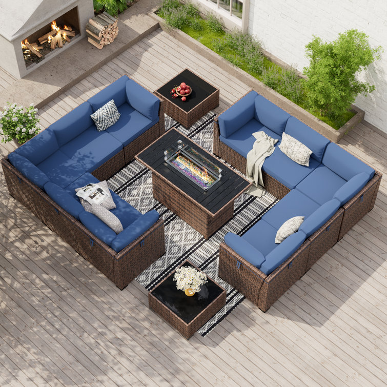 Treyshun Modular 10-Person Rattan Sectional Conversation Sets With Fire Pit Table