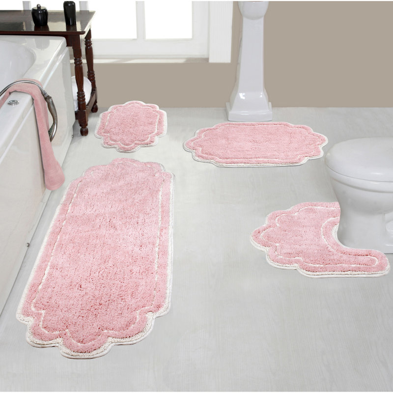 Dobrinsky 100% Cotton Bath Rug and Contour Mat, Machine Washable, Quick Dry, Absorbent - 4 Piece Set, Pink