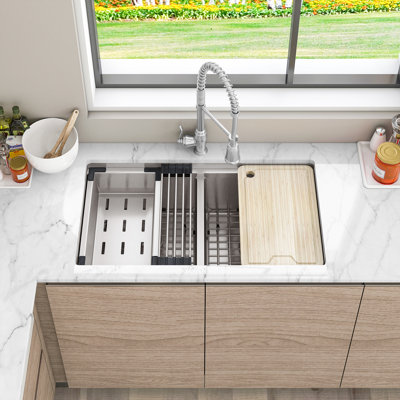 Sinber 33" W Undermount Double Bowl 16 Gauge 304 Stainless Steel Workstation Farmhouse Apron Kitchen Sink With Accessories
