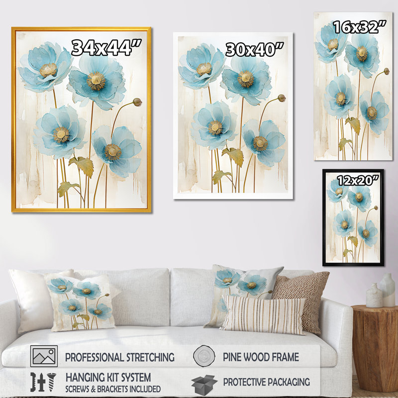 Pavot bleu et gris - coquelicots, art mural, H 20 po x l 12 po x P 1 po, Cadre simple noir