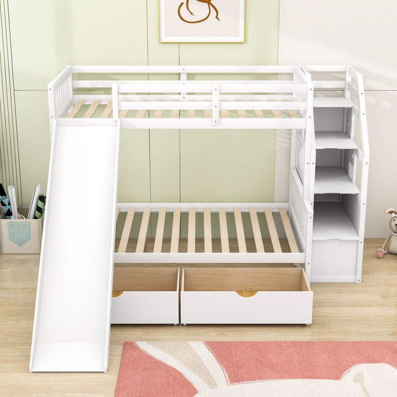 Lit superposé simple au dessus d'un lit double en bois avec escalier de rangement, glissoire et tiroirs, Blanc