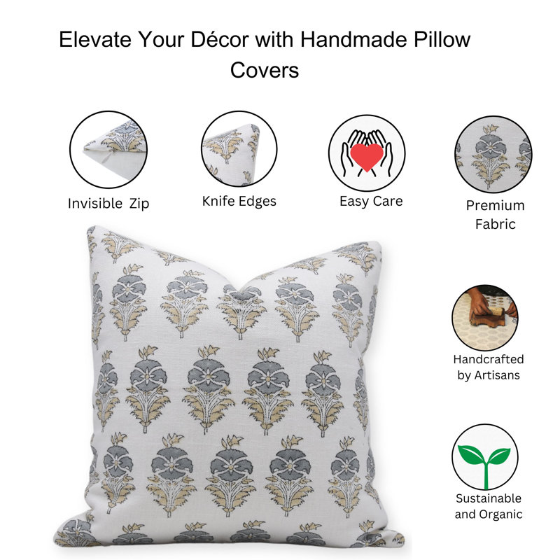 Linen Pillow Cover, Square, White Floral 2, 24" H x 24" W