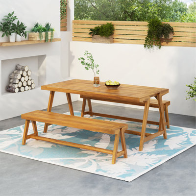 Outdoor 3-Piece Picnic Table Set, Contemporary Acacia Wood Patio Dining Set With Benches - All-Weather & Compact For Balcony, Deck, Camping