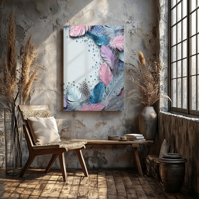 Toile, fond texturé vibrant avec un ensemble de plumes délicates dans des tons pastel doux de rose, bleu et blanc, art mural sur toile