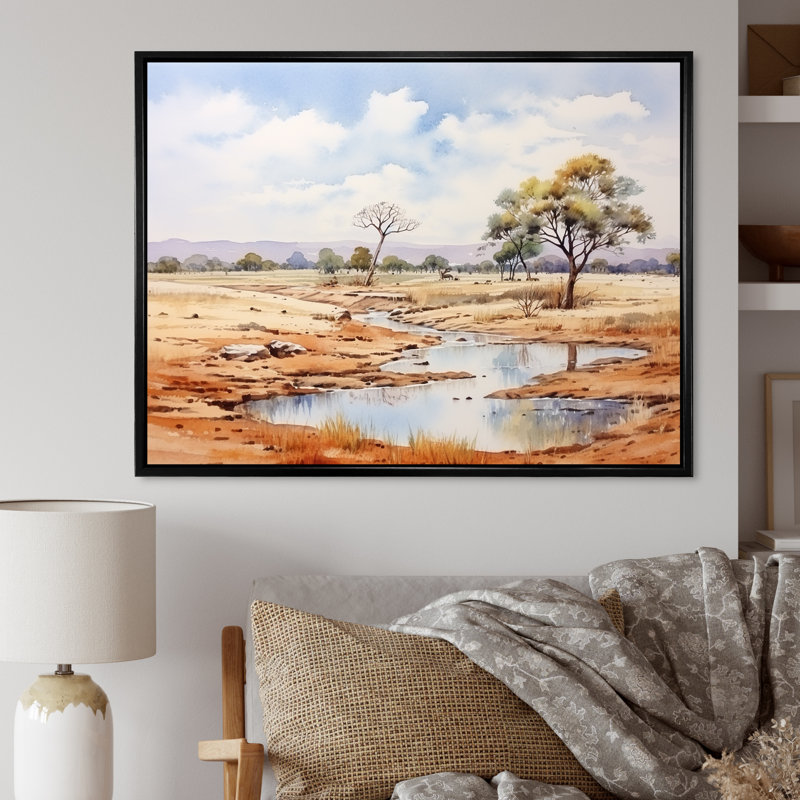 Beige, safari africain, paysage II, art mural Afrique, Cadre flottant noir, H 30 po x l 40 po x P 1,5 po
