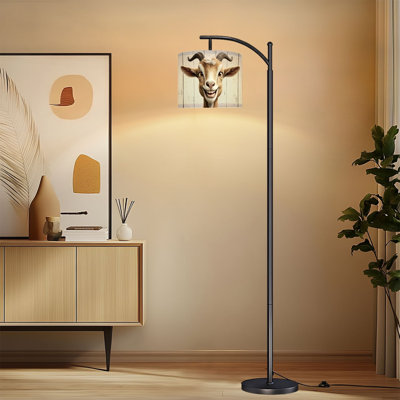 Arc Floor Lamp with Adjustable Lampshade Rustic Goat Sheep Farmhouse Goat Head Curved Horns Expressive Standing Lamp 3 Color Temperatures Dimmable Tall Pole Lamp with Foot Switch for Bedroom
