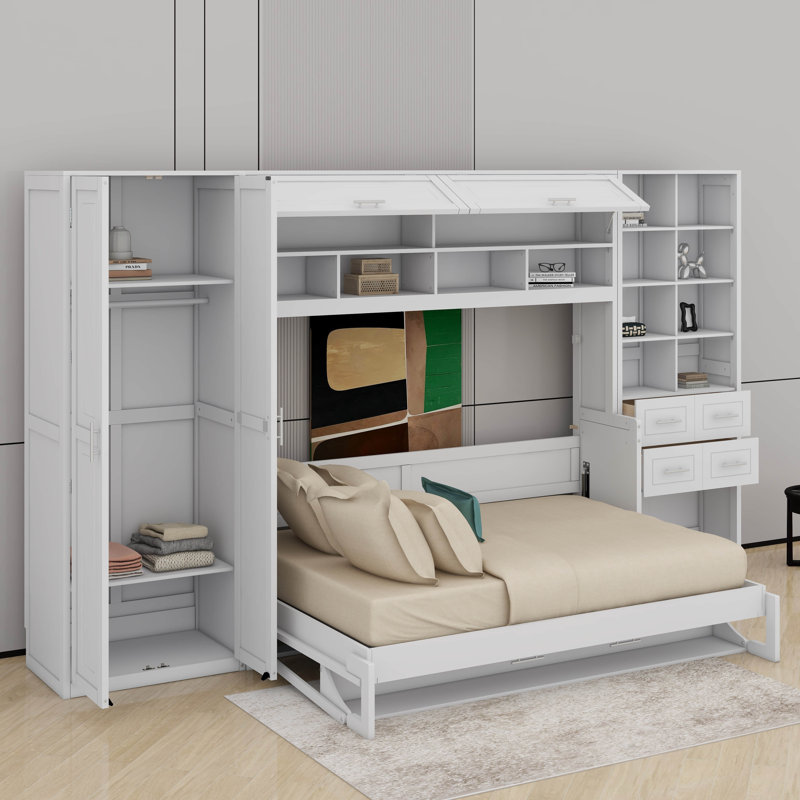 Grand lit escamotable avec placard, tiroirs et tablettes, Blanc, Grand