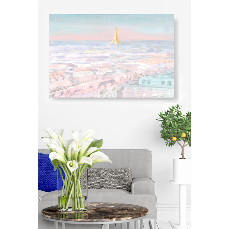 Pastel Paris IV, Tour Eiffel, doux, vert menthe, rose, jaune, gris, or, H 26 po x l 50 po x P 1,5 po