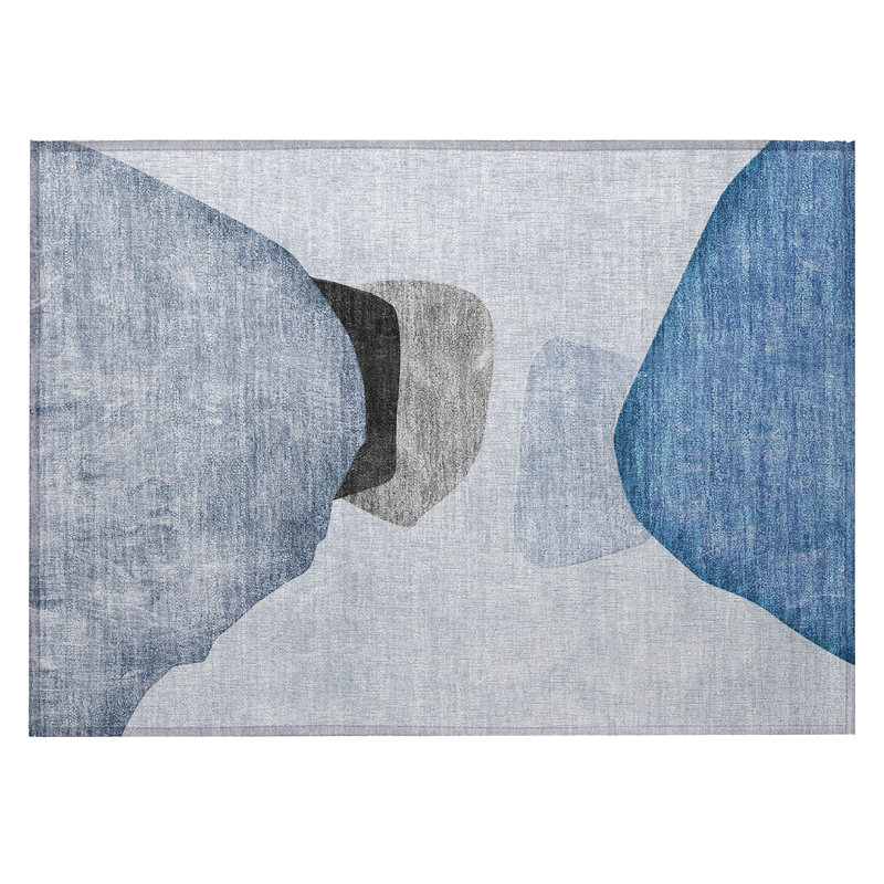 2' X 3' Blue Gray and Black Abstract Washable Non Skid Indoor Outdoor Area Rug