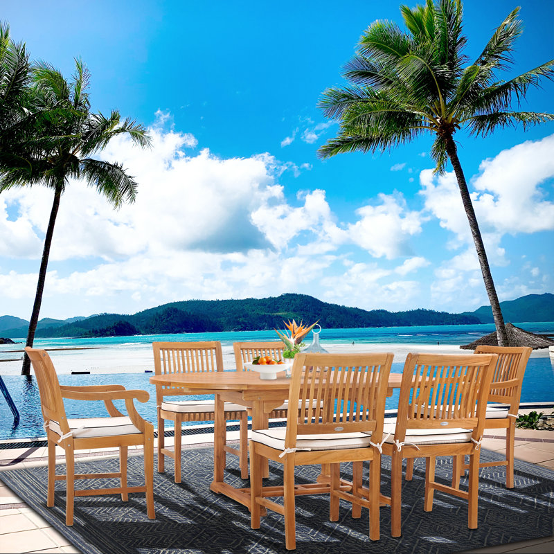 6 - Person Teak Wood Patio Dining Set with Round Table , Cushions Included