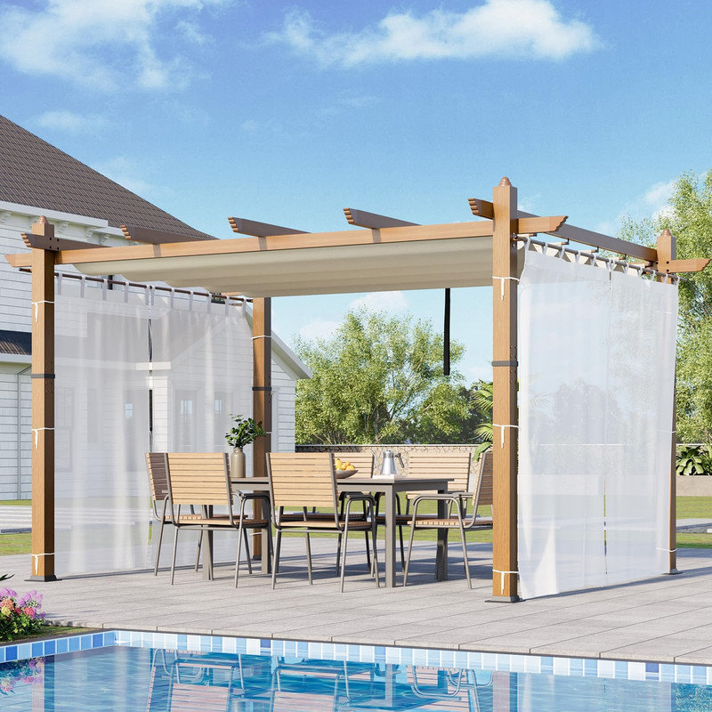 Pergola d'extérieur moderne en aluminium 10 x 13 pi avec auvent rétractable, motif de faux grain de bois et panneaux latéraux en filet