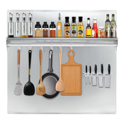 61 cm × 76 cm Stainless Steel Range Backsplash for Stove Hood - Wall Mount Kitchen Back Panel with Storage Shelf & Knife Rack - Easy Install with Pre-Drilled Holes - Commercial Backsplash Shield