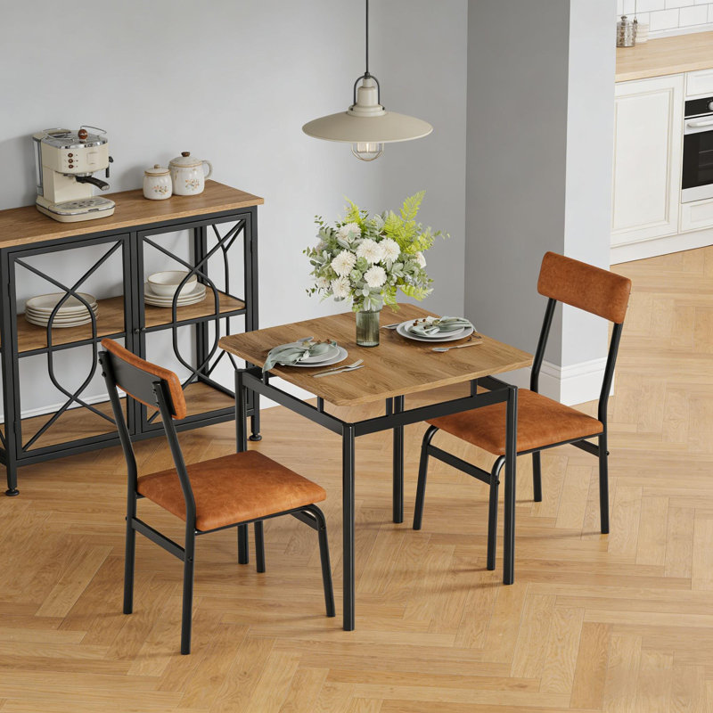 3 Piece Dining Table Set, Kitchen Table Set for 2 with 2 PU Upholstered Chair, Brown
