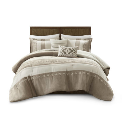 King Comforter Of 5 Pieces In Taupe, Soft And Suede, Contemporary American Look With Embroidery Taupe - Piece , Skin Warm 270Gsm Fill, Reverse Chain Stitch Design