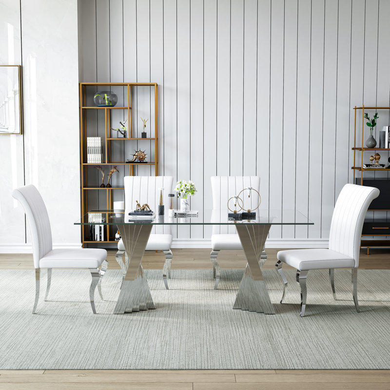 70" Modern Tempered Glass Dining Table Set With Sculptural Stainless Steel Base & Velvet Upholstered Chairs – Sleek Minimalist Design For Contemporary Dining Rooms