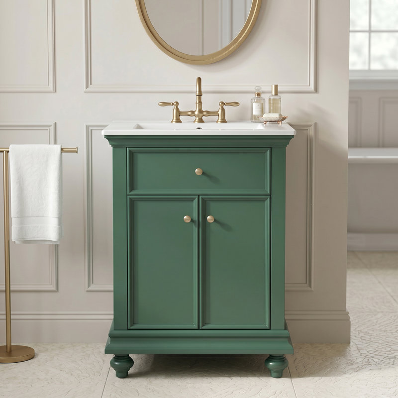 Meuble-lavabo moderne de 24 po de couleur verte avec un tiroir basculant, des charnières à fermeture douce et silencieuse, une structure à dossier ouvert et des pieds tournés en boule, une structure de qualité supérieure résistante à l'humidité et à l'humidité