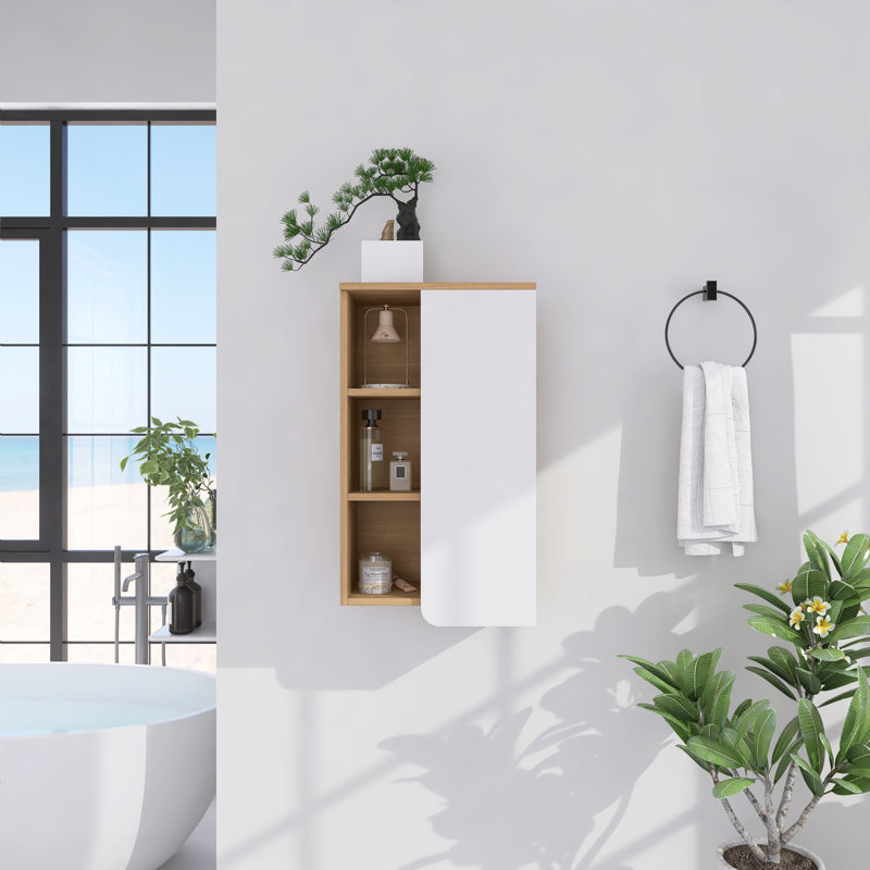 Armoire de salle de bain murale 16 pouces avec porte simple et tablettes ouvertes, panneaux de porte bicolores