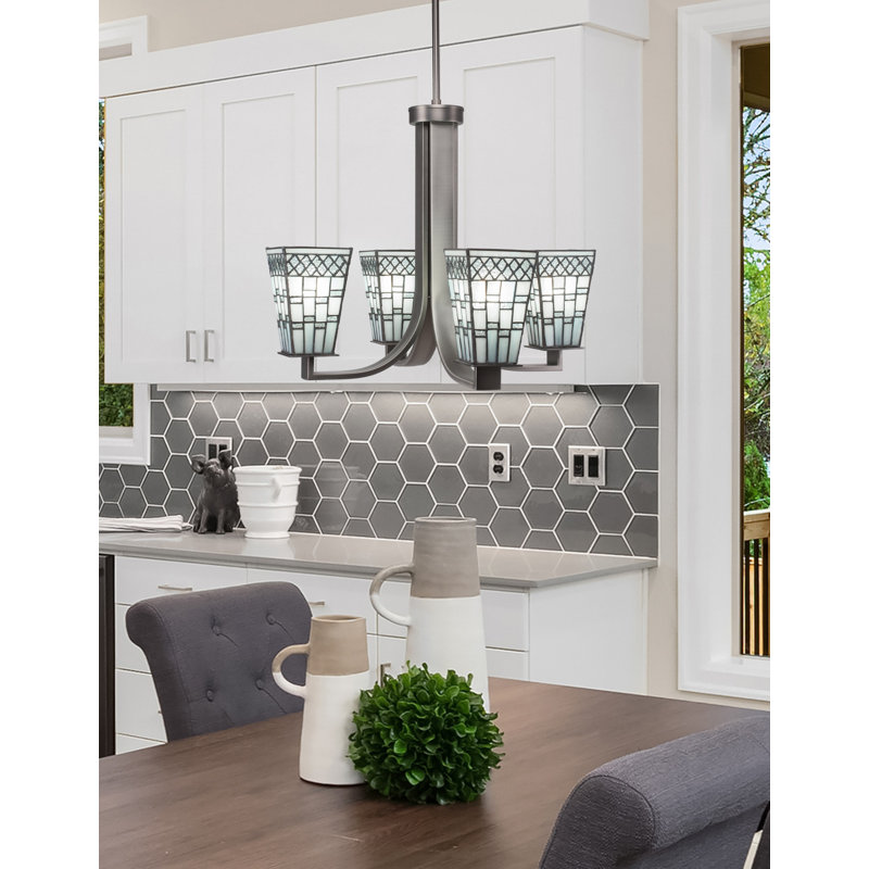 Eurig 4 Light Uplight Chandelier Shown In Graphite Finish With 5" Square Pewter Art Glass