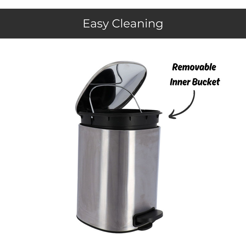 Large Chrome Metal Trash Can with Silent Soft Close Lid and Foot Pedal