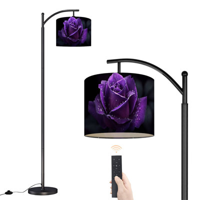 Arc Floor Lamp with Adjustable Lampshade Purple Rose Water Drops Dark Spring Decor Standing Lamp 3 Color Temperatures Dimmable Tall Pole Lamp with Foot Switch for Bedroom