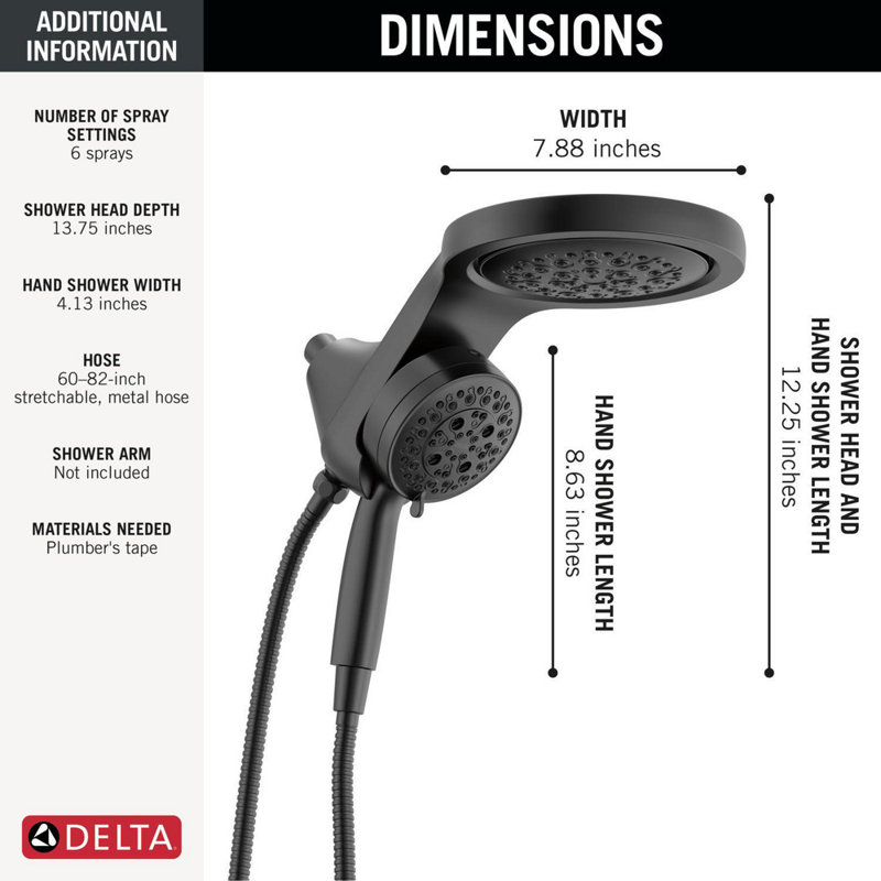 6-Setting HydroRain 2-in-1 Dual Shower Head with ProClean Spray, 2.5 GPM, Matte Black