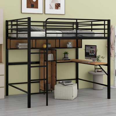 Multifuncational Full Size Loft Bed With L -Shaped Desk And Shelves,  Metal & Wood Loft Bed With Guardrails