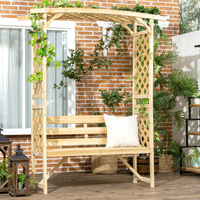 Banc de patio en bois naturel - 3 sièges avec pergola et 2 treillis. Pour les plantes grimpantes. Décoration de cour. Bois de soutien de 528 lb, capacité de poids. Vignes, lierre, gloire du matin, patates douces,