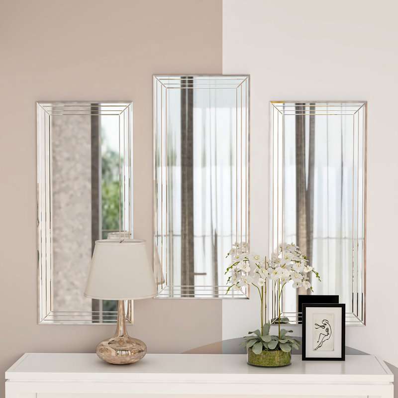 Modern Decorative Mirror Set (3 Pieces), 11.8 x 27.6 x 0.9 inches | 100% MDF, Eco-Friendly Flotal-E Glass | Wall-Mounted Design, Elegant Transparent Finish | Perfect for Home Decor, Living Room & Entryway