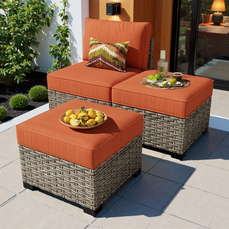 Ensemble de chaises longues d'extérieur en osier avec repose-pieds 3 pièces, Orange