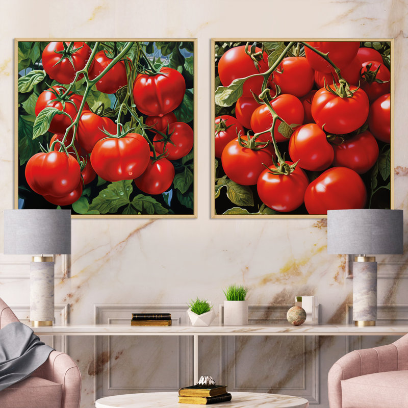Tomato Scarlet Spheres - Légumes, ensemble de 2 collages carrés, Encadrement brun, H 30 po x l 61 po