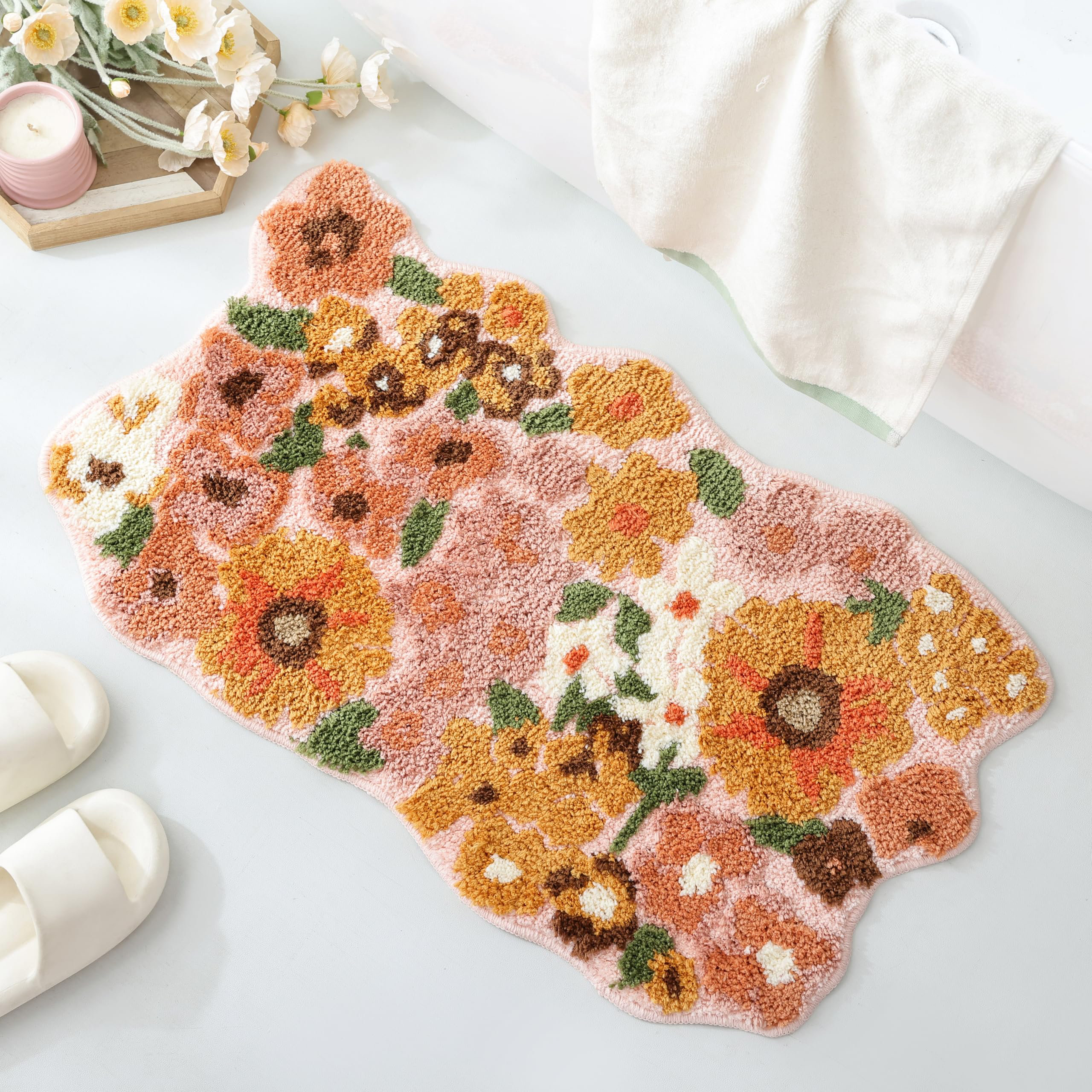 Wildflower Floral Bathroom Rug - Cute Tufted Non Slip Soft Flower Shaped Bath Mat, Washable Farmhouse & Cottagecore Bathroom Decor - Aesthetic Orange Rug For Vanity, Tub, Entryway(32''x20'') - Autumn Wildflower, 32" L x 20" W