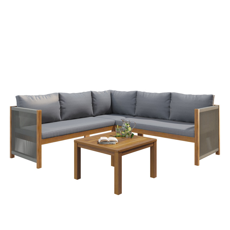 5 - Person Acacia Wood Corner Sofa Set & Coffee Table, Grey