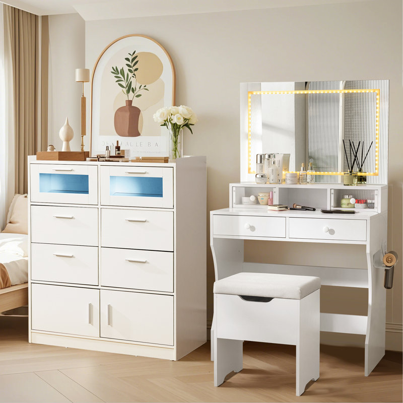 Wrought Studio 2 Pieces Bedroom Set Makeup Vanity Table And Dresser Set  With LED Light Charging Station Vanity With Stool Desk | Wayfair