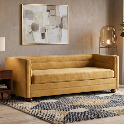 77.2" Modern 3 Seater Sofa Chenille Upholstered Couch with Square Arms, Camel Back & Brown Rubber Wood Leg Single Cushion Sofa for Living Room and Apartment Leisure Corner, Yellow