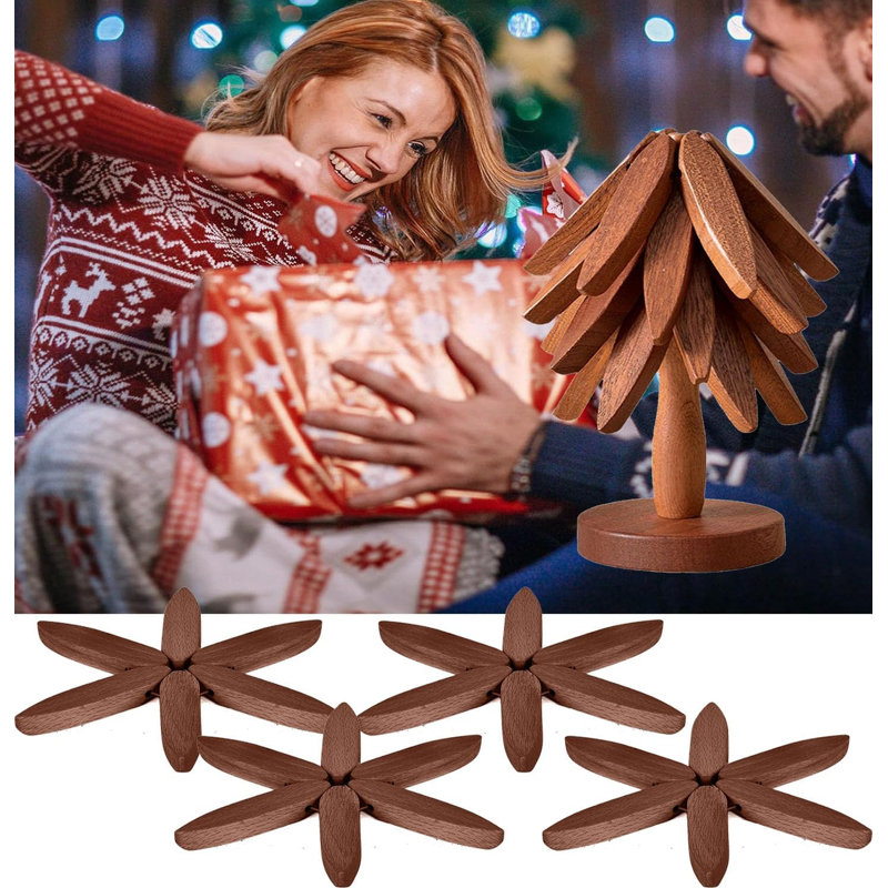 Ensemble de sous-pieds en bois massif en forme d'arbre avec support de rangement Sous-verres en bois résistant à la chaleur