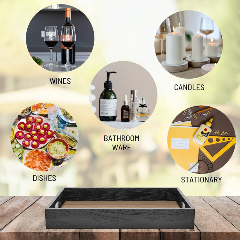 Wooden Serving Tray With Handles - Large Rectangle Ottoman Tray For Breakfast, Drinks, And Decor - Durable MDF With Wood Grain Veneer - Spill Proof Design For Kitchen, Living Room, Bathroom
