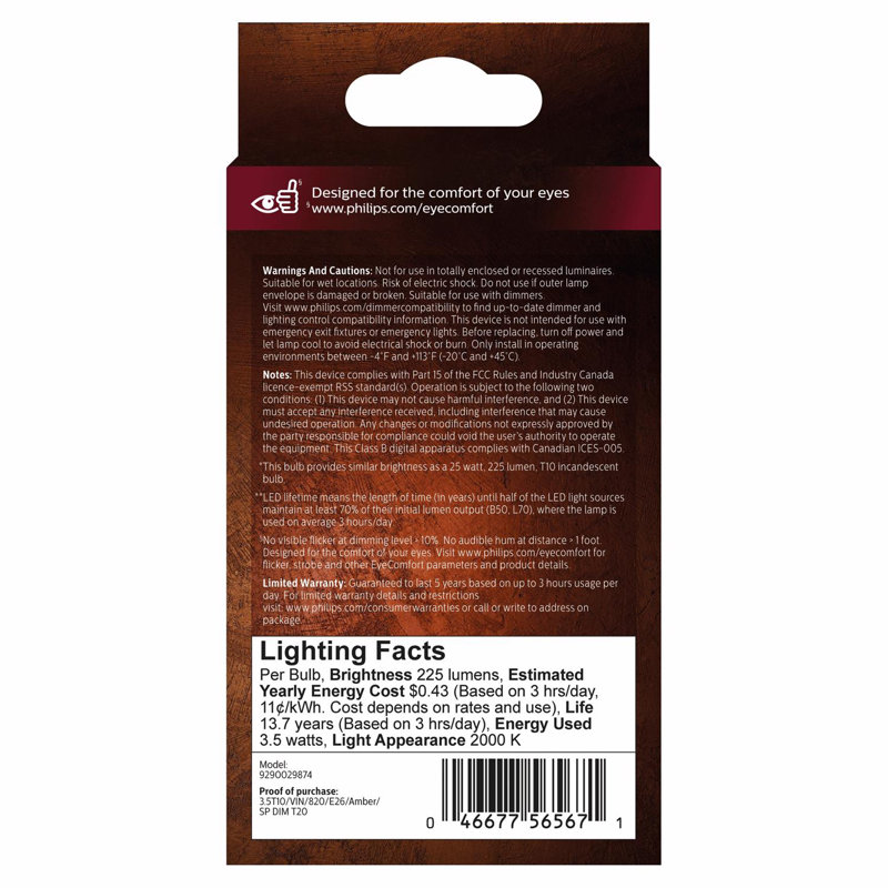 Ampoule à DEL Philips T10 E26 (moyenne) ambre 25 watts, équivalente à 1 paquet