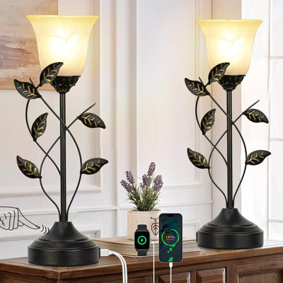 20 Inch Table Lamp For Bedroom With White Glass Shade, Retro Leaf Design Bedside Lamps Set Of 2, 3-Way Dimmable Touch Control Lamps For Night Stands With USB AC Charging Ports For Bedroom Living Room