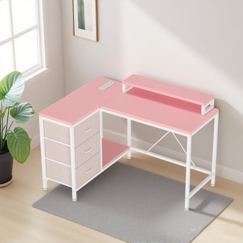 Bureau d'ordinateur en L de 43 po avec prises de courant et lumières DEL, bureau de jeu réversible, Rose/Blanc