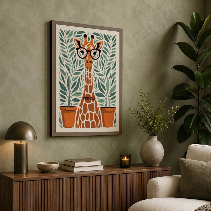 Giraffe with Potted Plants Boho - Wrapped Canvas, 30x20 - 76.2 x 50.8 cm, Black Border