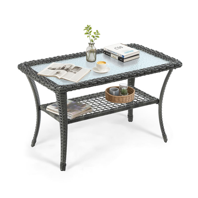 Wicker Patio Coffee Table, 34.48" Rectangle Outdoor Coffee Table With Tempered Glass Top And 2-Tier Storage Shelf, All-Weather Rattan Patio Side Table For Outside Poolside Deck Garden, Gray