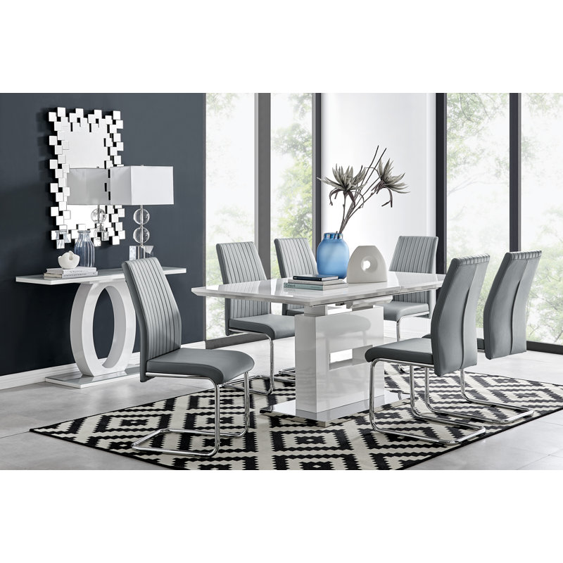 Areza High Gloss Extendable Dining Table Set with 8 Luxury Faux Leather Dining Chairs, Gray, 7 Pieces: Table, 6 Chairs