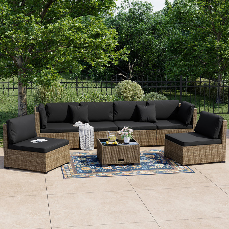 Ensemble de conversation de patio 7 pièces - Canapé modulaire d'extérieur en rotin PE avec coussins et table basse en verre