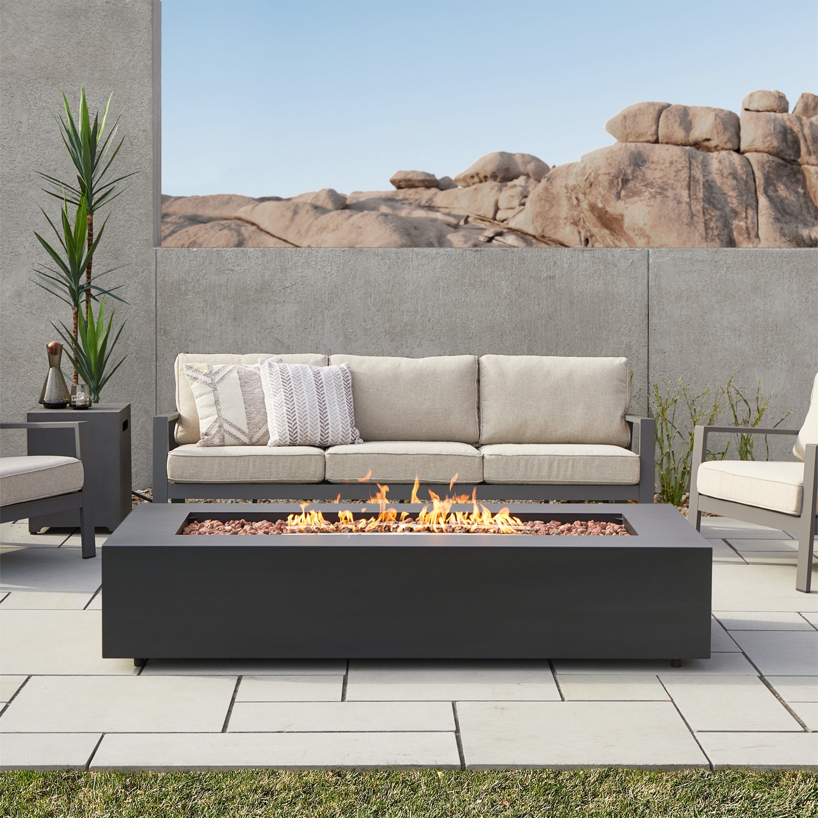 Aegean Fire Pit Table, 14.5" H x 69.75" W x 31.75" D, Black