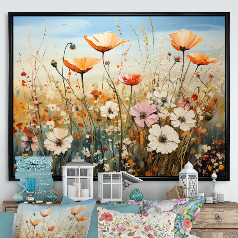 Fleurs sauvages, symphonie florale sur toile, H 34 po x l 44 po x P 1,5 po, Cadre flottant noir