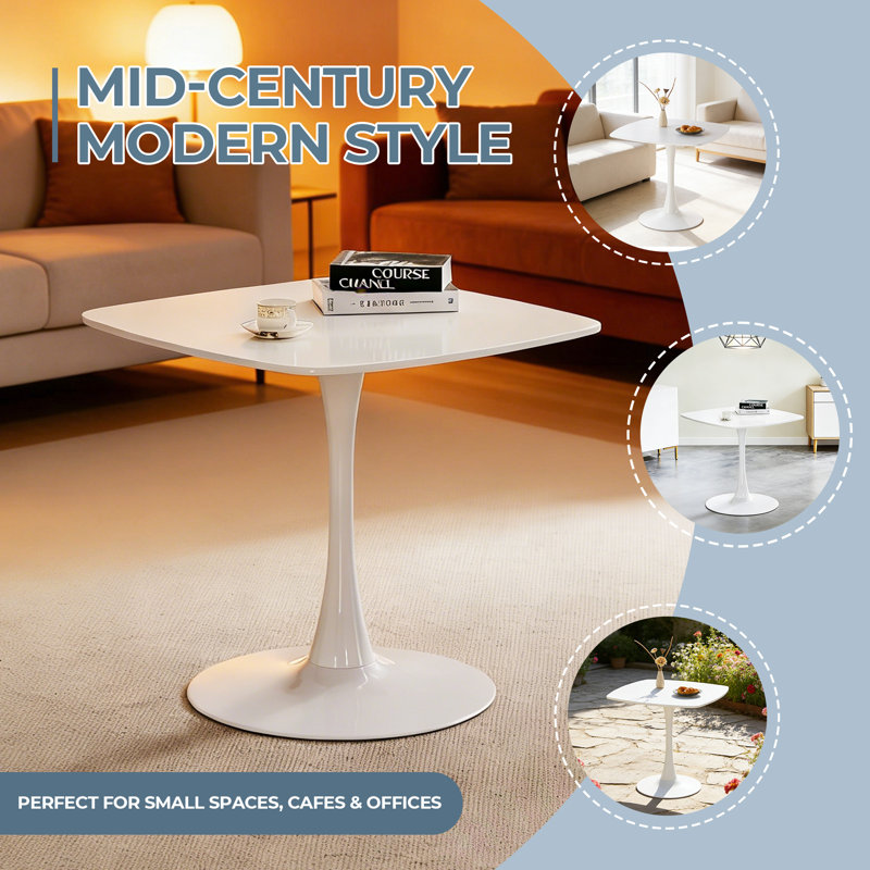 Table de salle à manger 31,5 pouces carrée blanche pour 2 à 4 personnes, table tulipe de style Mid-Century moderne avec base en métal robuste, plateau de table en bois aggloméré de 0,71 po pour les petits espaces, les appartements, les cuisines, les bistro et les bureaux