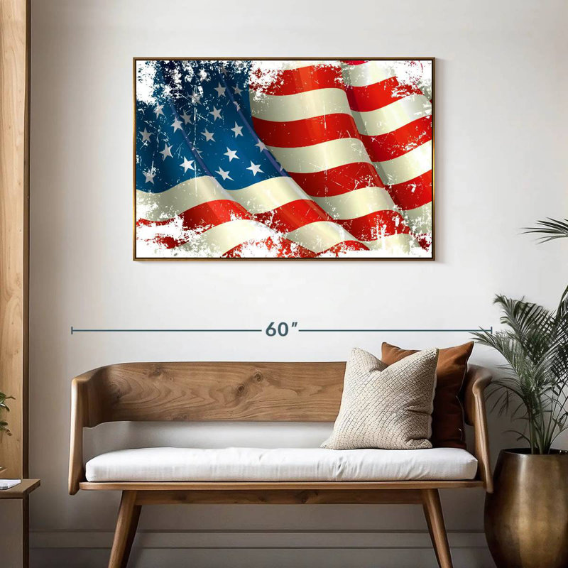 Drapeau américain grunge, Cadre flottant doré, 43 po x 29 po