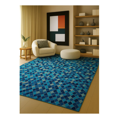 Tapis bleu tissé à carreaux lavables Mosso